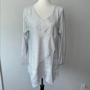 Misslook Striped Whtie Gray V-Neck Long Sleeve Layer Front Tunic Top Women's XL